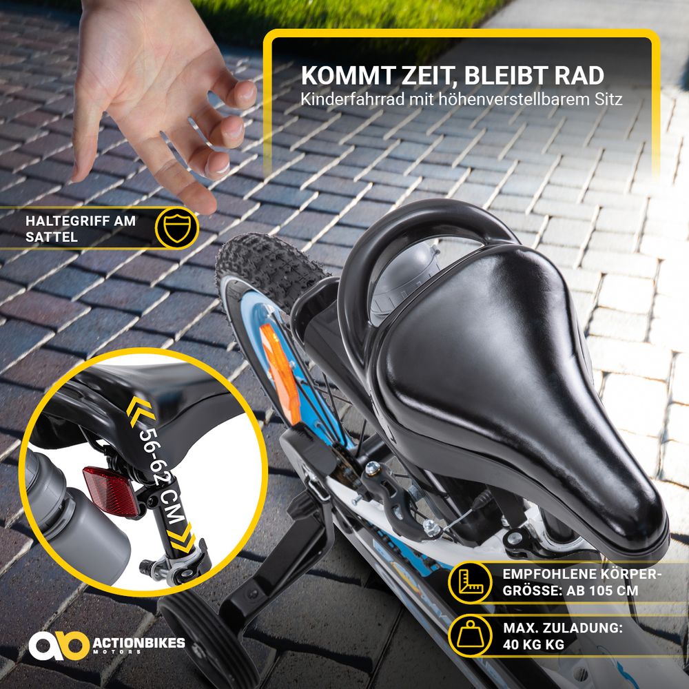 Actionbikes Kinderfahrrad Donaldo 16 Zoll | Kinder Fahrrad - V-Brake Bremsen - Kettenschutz - Fahrradständer - Fahrradkorb - 4-7 Jahre (Blau/Weiß)