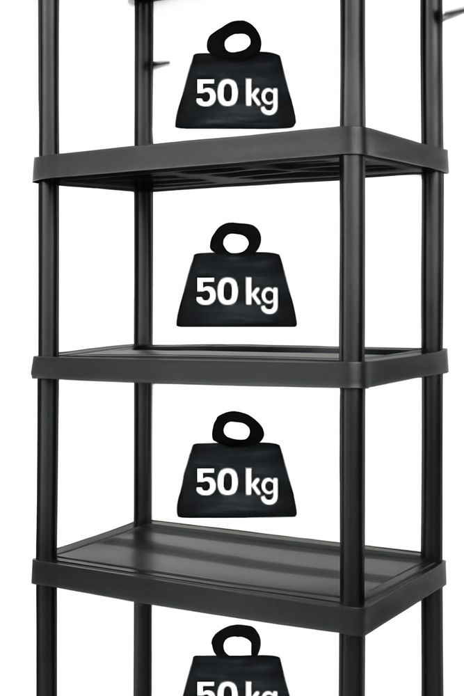 Drabest | Skladové regály - Sklepní regály - Plastový regál 180x74x40 cm - Černý - Vysoká nosnost 250 kg - Stabilní a odolný