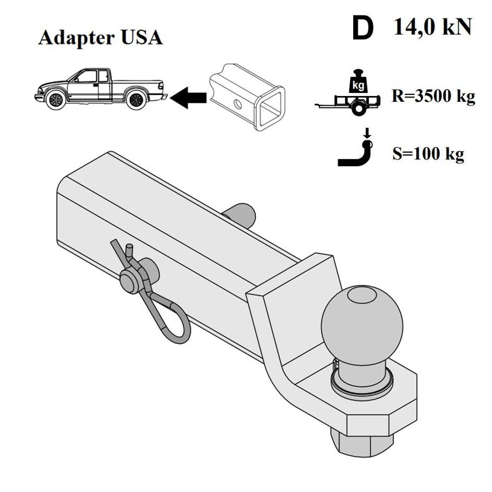 Adapter, 51x51 mm, für US-Normaufnahme 2", Anhängerkupplung, passend für US-Fahrzeuge