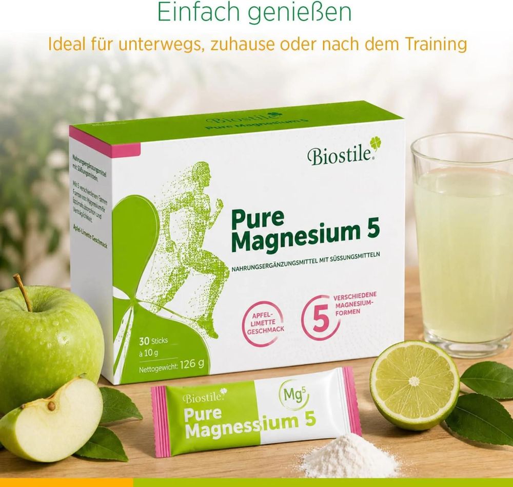 Packung Biostile Pure Magnesium 5 mit Apfel und Limette, 30 Portionsbeutel