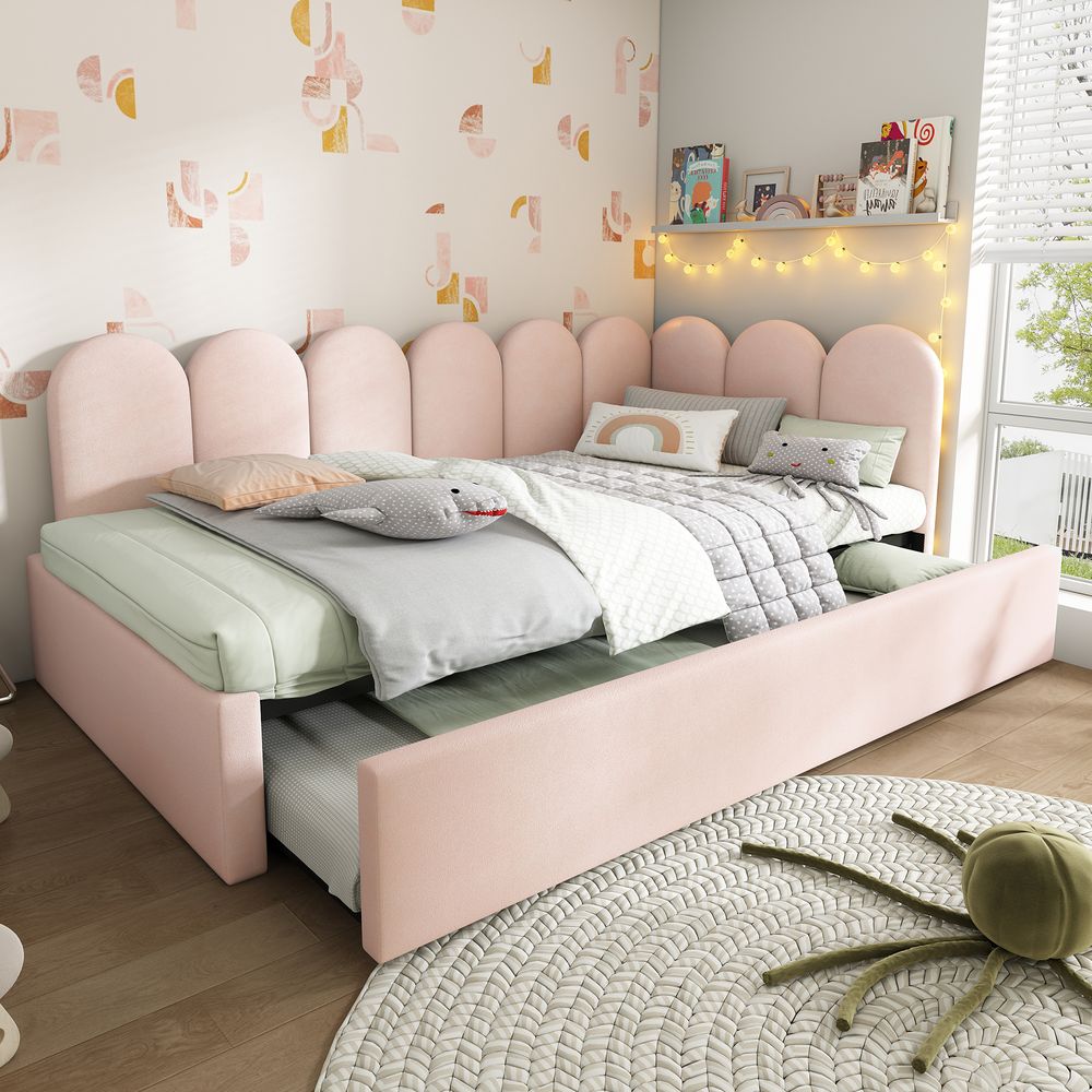 Merax Polsterbett 90x200 cm mit Ausziehbett, Tagesbett Kinderbett mit Samtbezug & Gitterdesign – Inkl. Rollbett (90x190 cm), ohne Matratze, Rosa
