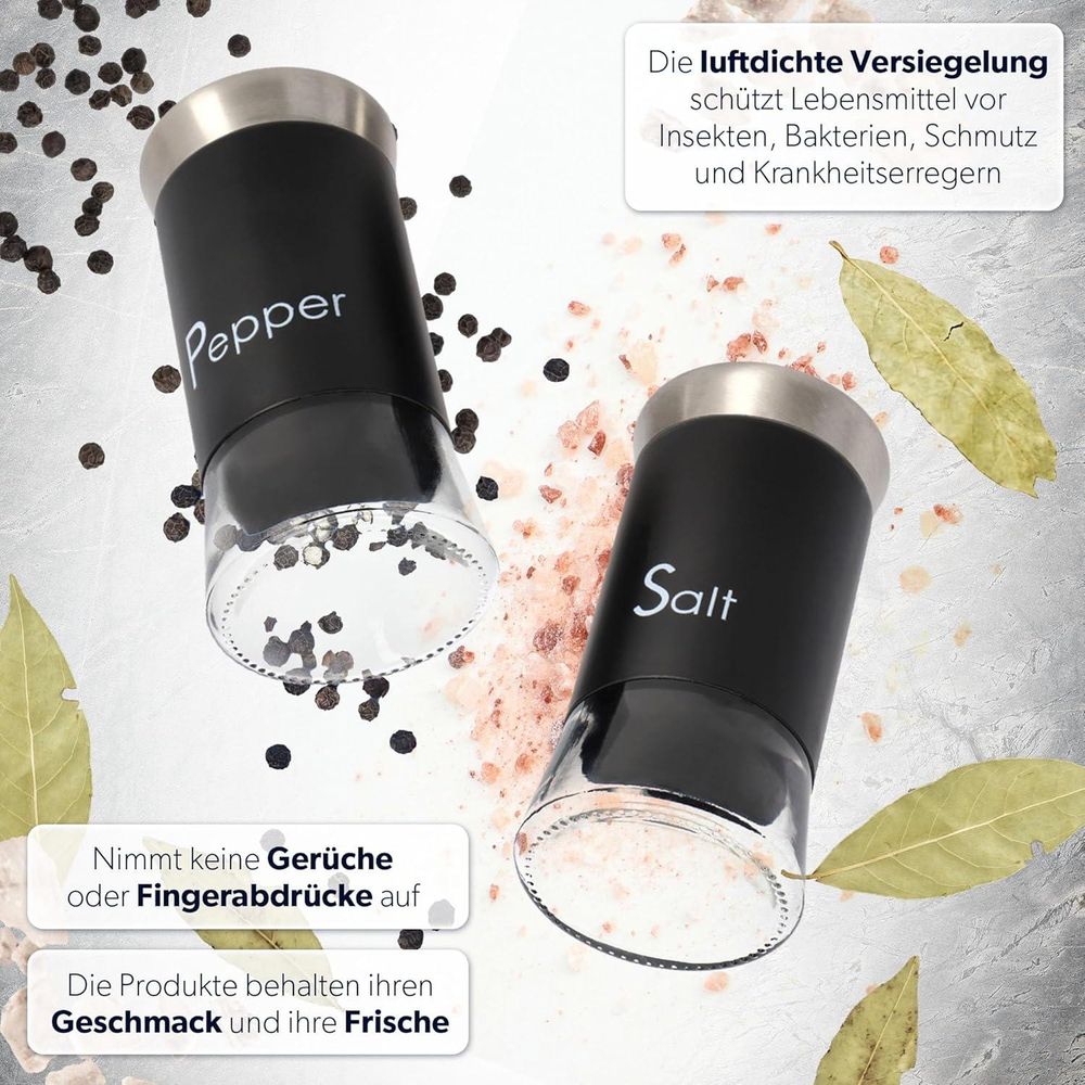 KADAX Salz-und Pfefferstreuer "Force", aus Glas und Edelstahl, Gewürzstreuer Set, Gewürzgläser, Schwarz, 150 ml