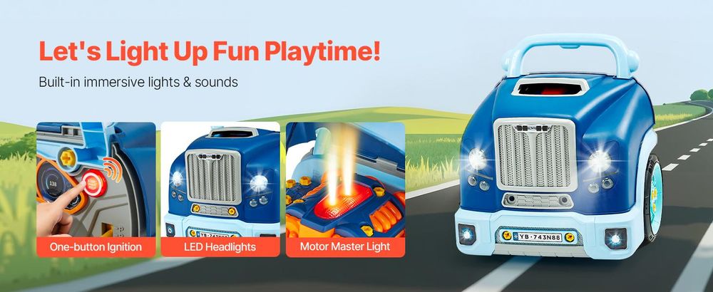 VEVOR Motor Spielzeug, 60 Teile, Kinder Mechaniker Auto Reparatur Set mit abnehmbaren Teilen, Lichtern und Geräuschen, Lenkrad und Hupe, Kinder Mechaniker Werkstatt Set für Kleinkinder ab 3 Jahren, Blau, Blau