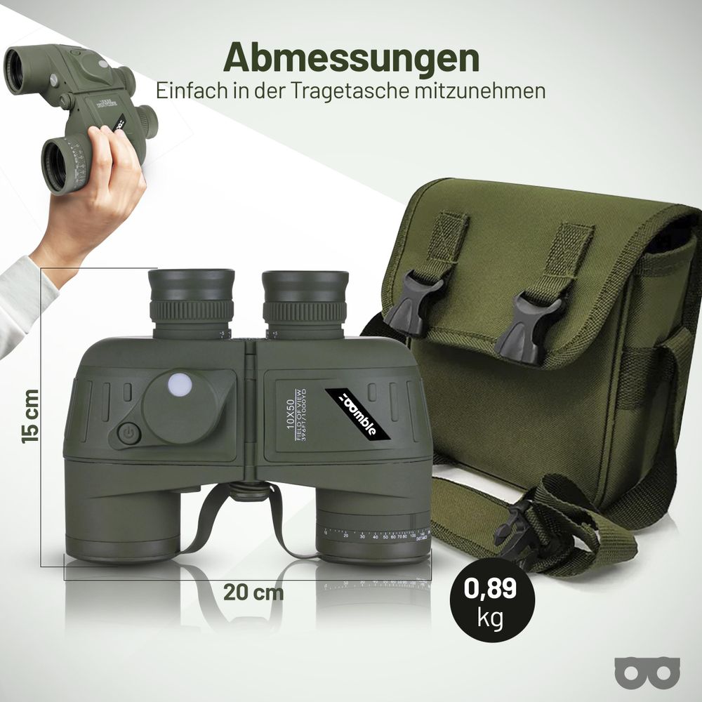 Abmessungen des Fernglases: 20 cm breit, 15 cm hoch, 0,89 kg schwer, daneben die Tragetasche