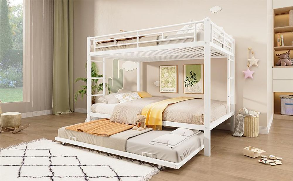 Merax Etagenbett 140x200cm, mit Ausziehbett 90x190cm und Hohem Geländer, Kinderbett, Stockbett, Jugendbett, Eisenbett, Weiß