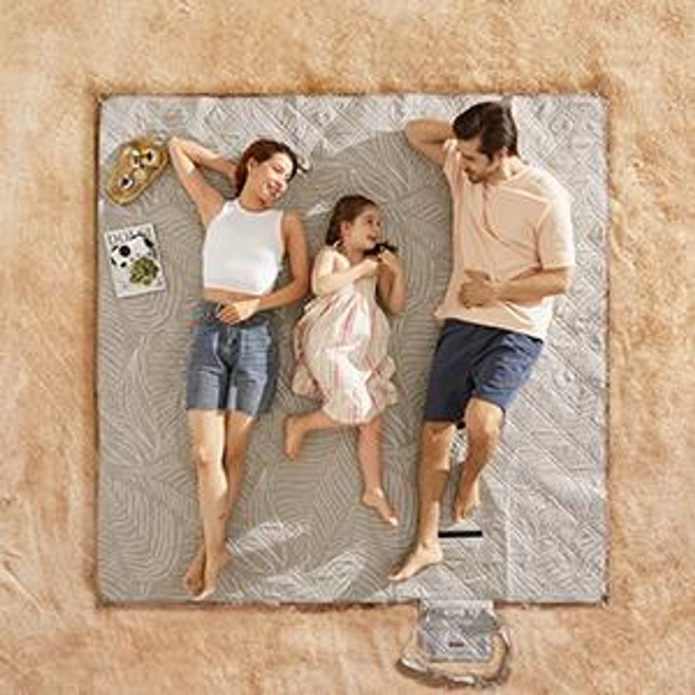 SONGMICS Picknickdecke, 200 x 200 cm, mit 4 Erdankern, maschinenwaschbar, khaki mit tropischem Farn