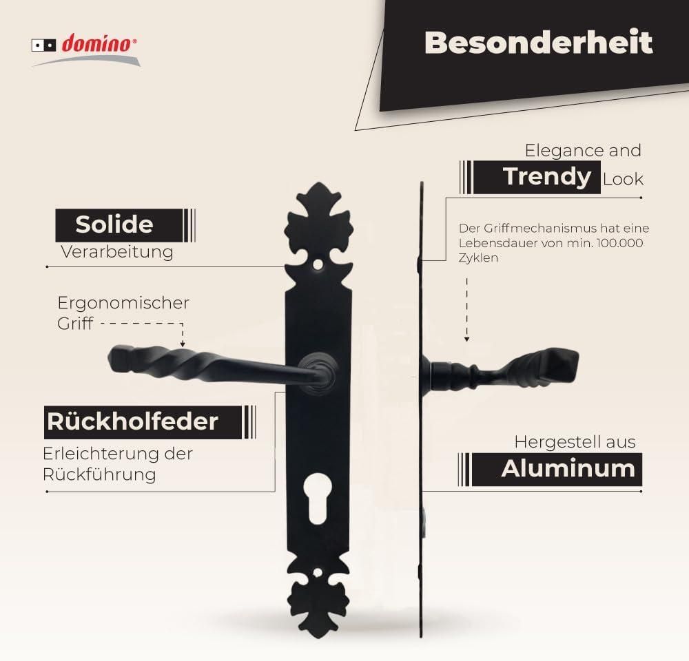DOMINO Türgriff 72 Drückergarnitur PZ-Profilzylinder | Türklinke für Zimmertür, Bürotür, Kellertür & Innentür | L-Form | Stahl | Schwarz | HADES BLACK
