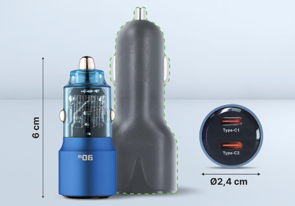 QUALO Transparent Autoladegerät 2× USB-C Aluminium 90W Ladegeräte QTLS-AC-A-90