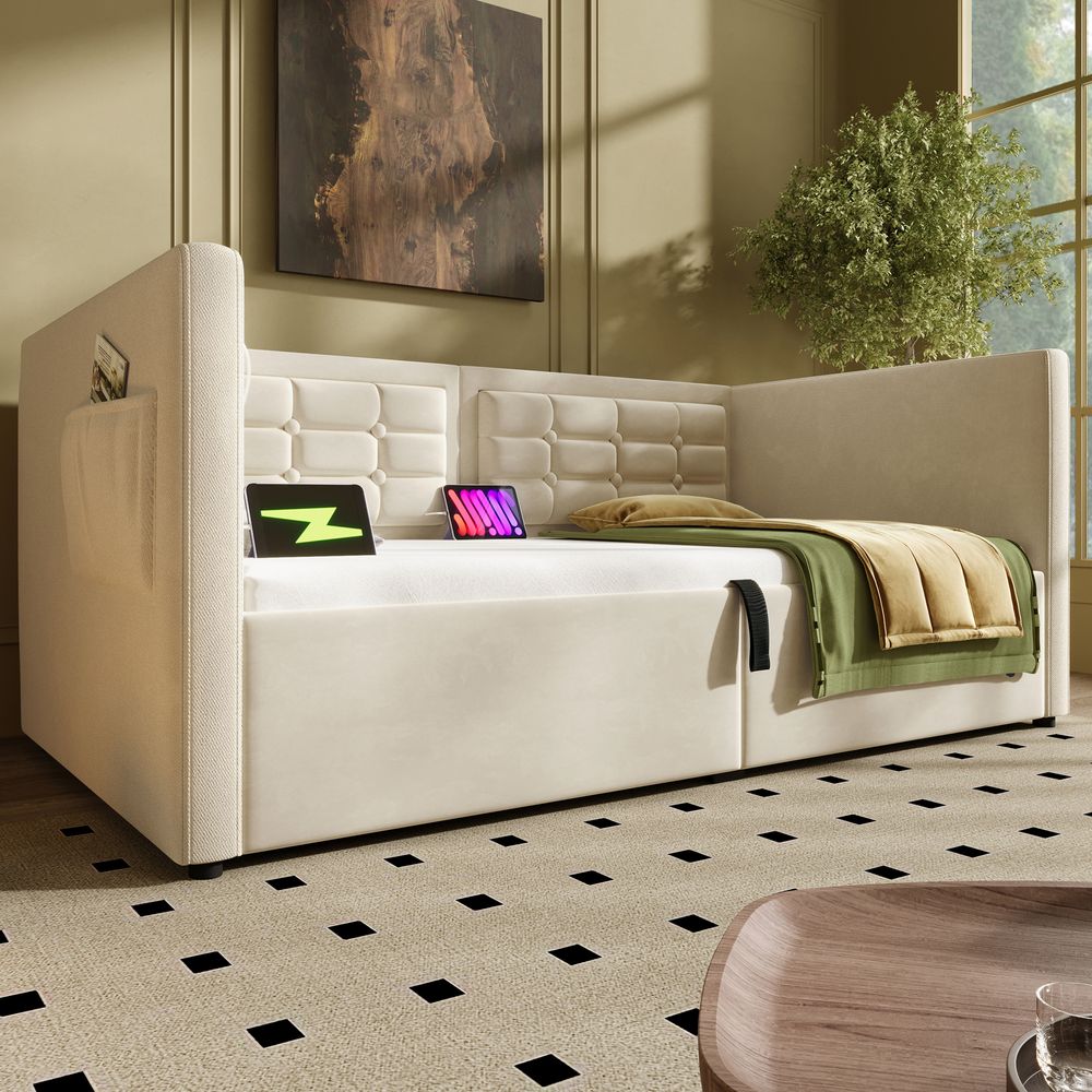 Merax Tagesbett Schlafsofa 90x200 cm mit hydraulischem Stauraum & USB-/Typ-C, Gästebett aus Samt mit Lattenrost & Taschen, Beige (ohne Matratze)