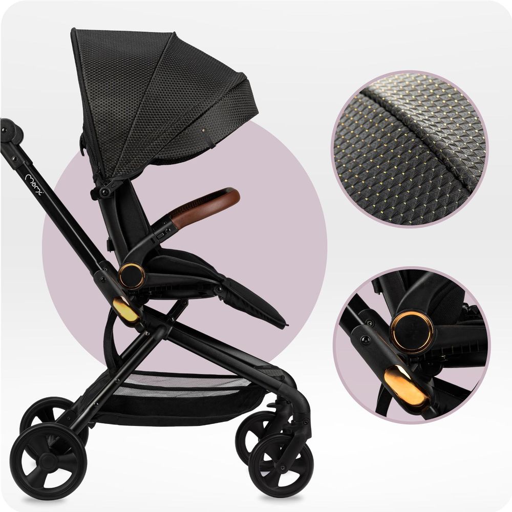 MoMi ADELLE – Leichter Kompaktbuggy mit 360° drehbarem & umkehrbarem Sitz, verstellbar, XL-Dach – Schwarz/Gold