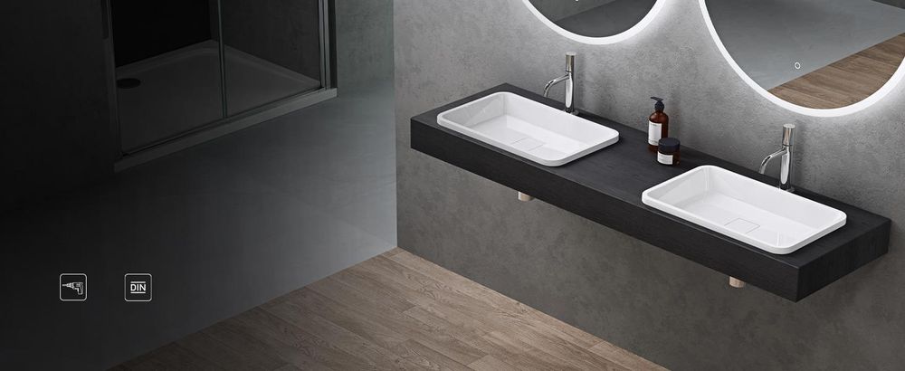 doporro Waschbecken Einbauwaschbecken 60x38x12cm weiß aus Gussmarmor rechteckig mit Ablaufabdeckung ohne Armatur Colossum104