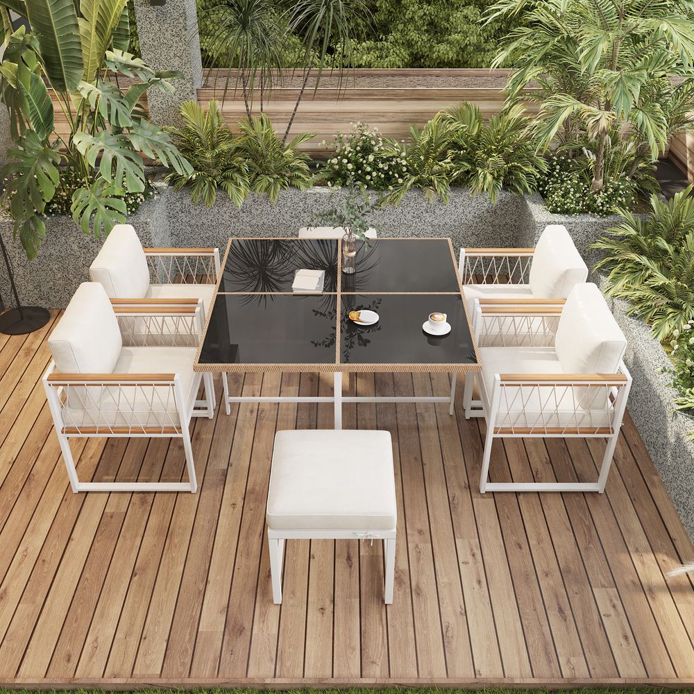 Merax Gartenmöbel-Set 7-teilig mit 4 Sesseln & 2 Hockern, inkl. Kissen, Sitzgruppe aus Akazienholz und Polyratten, wetterfeste Terrassenmöbel