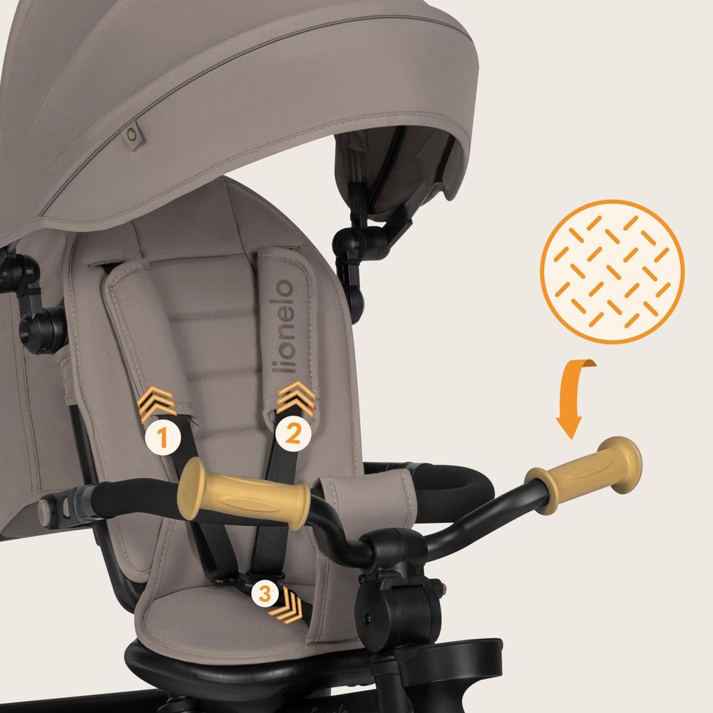 Haari Dreirad 2in1 für Kinder ab 18 Monaten, mit drehbarem Sitz, Schiebegriff, Freilauf, Verdeck, Fußstütze und Sicherheitsbügel - Beige Taupe