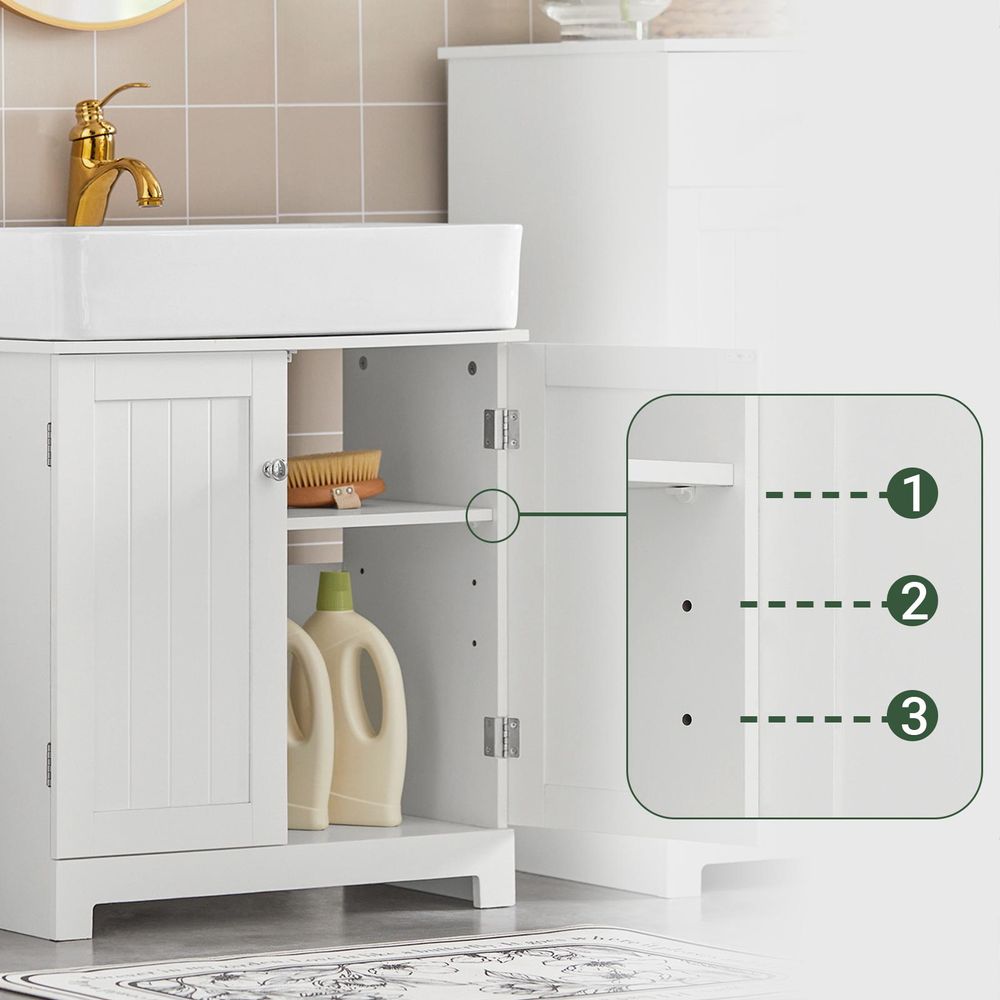 SoBuy Waschbeckenunterschrank - Badschrank mit Türen und verstellbaren Regalböden - Badmöbel aus MDF, Unterschrank für kleines Badezimmer Weiß BZR18-W