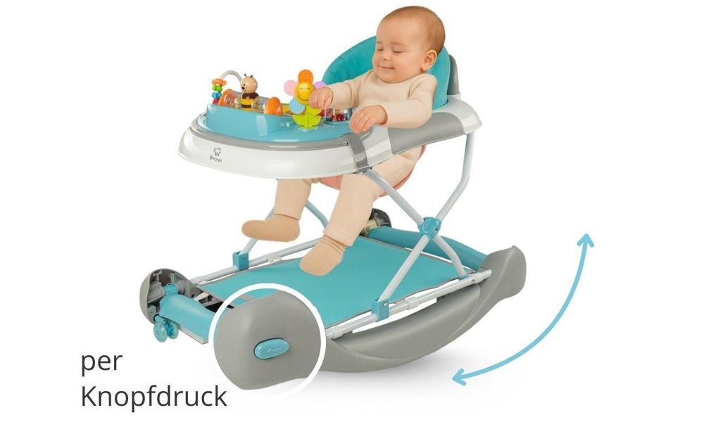 BRONEA® 4-in-1 Gehfrei Baby Lauflernwagen Schaukel Lauflernhilfe Babywalker mit Schaukelfunktion, Licht & Musik | Höhenverstellbar & Klappbar - Türkis