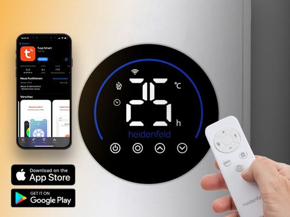Heidenfeld Hybrid Infrarotheizung HF-HP150 | Steuerung via App - Fernbedienung - Touch-Bedienfeld - Thermostat - 1000 Watt - bis 25 m²