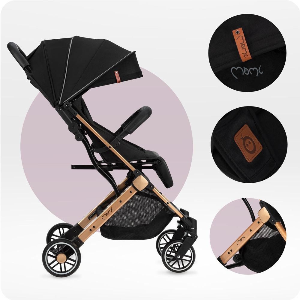 MoMi ESTELLE Buggy Kinderwagen - Leicht, Stoßdämpfung 4 Räder, Koffer - Schwarz