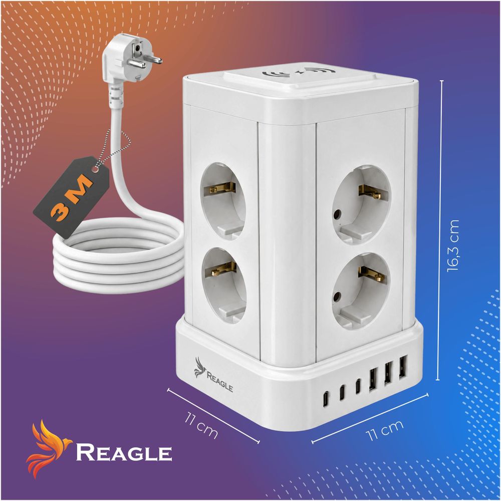 Reagle Steckdosenturm 8-fach & 6 USB (3x USB-C), 3m Kabel, Vertikale Mehrfachsteckdose mit kabellosem Laden, Überspannungsschutz 2500W, Weiß