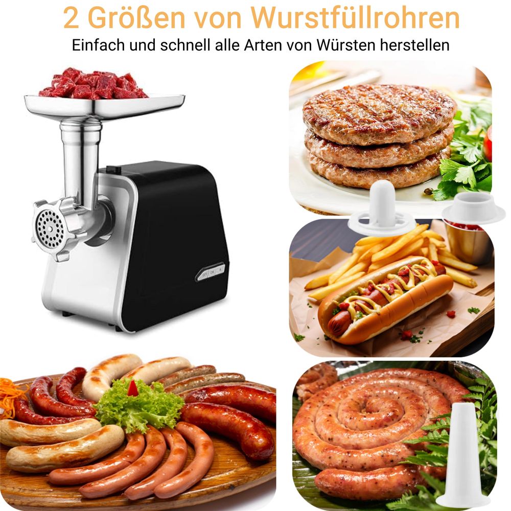 2000W Elektrischer Fleischwolf Gemüseschneider, 3in1 Multi Küchenmaschine Gemüsehobel Wurstmaschine mit 3 Lochscheiben, 4 Kegel-Klingen, Stopfer