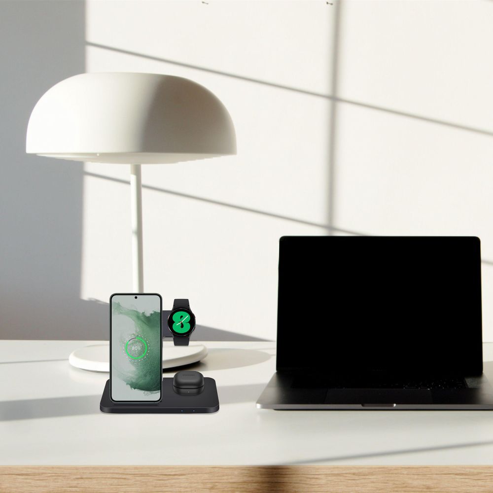CHEROY 3 in 1  Ladestation - 15 W Qi Kabelloses Ladegerät - Für Samsung Smartphones, Galaxy Watch, Galaxy Buds - Schwarz