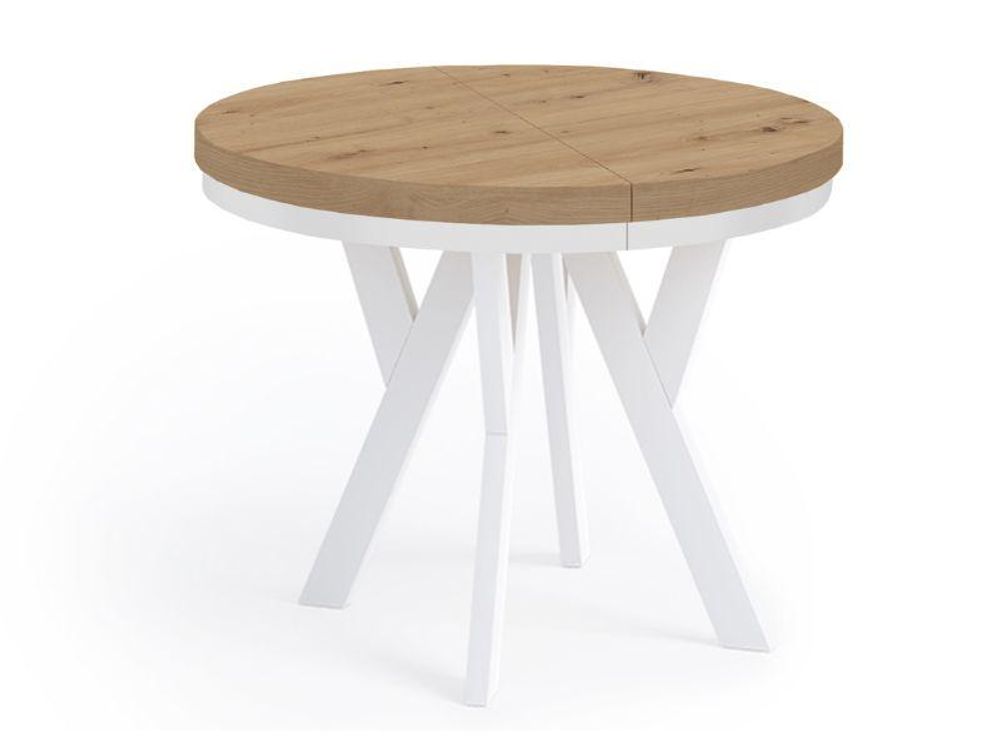 Runder Ausziehbarer Tisch für Esszimmer, PERO mit einem Ring-Gestell, Loft-Stil, Durchmesser: 110 / 160 cm, Farbe: Eiche Artisan / Weiß