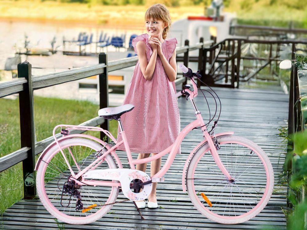 SUN BABY Flower Bike Bicicletta per bambine da 24 pollici, per bambini dagli 8 anni in su, 7 marce Shimano, freni V-brake, portapacchi, catarifrangenti, color albicocca, 24 pollici