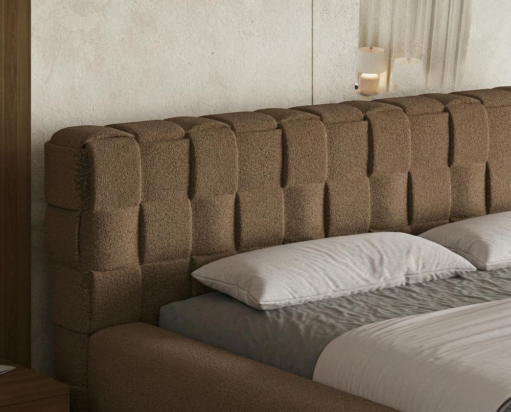 Chilly Möbel Design Bett Cube - Geometrisches Polsterbett mit Stauraum, Lattenrost und stabilem Metallrahmen 160x200 cm / Bouclé / Braun