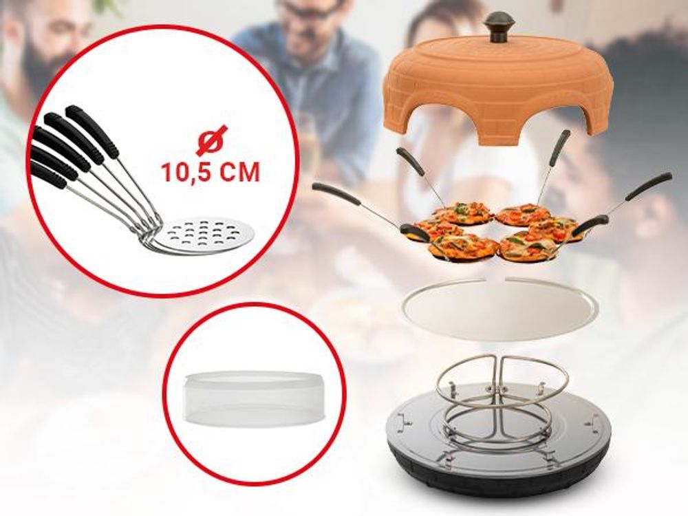 Heidenfeld Mini Pizzaofen Pizzachef | 1.100 Watt - Pizzadom ⌀ 40.0 cm - Für 6 Personen - Terrakotta-Kuppel - Bis 300 °C - 6 Pizzaschieber ⌀ 10,5 cm