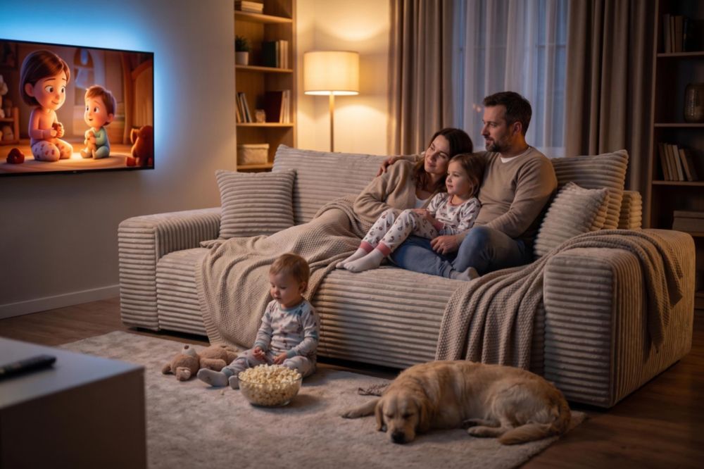 Familie mit Kindern und Hund auf CORDO Sofa beim Filmabend