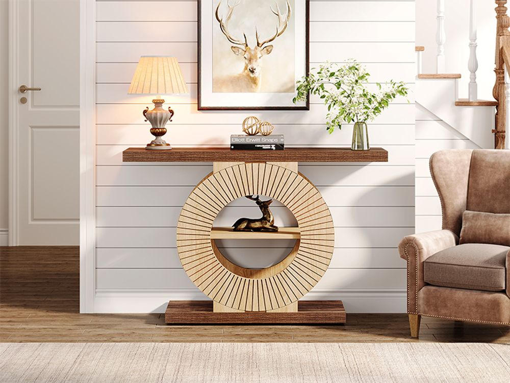 Tribesigns Konsolentisch mit Lagerung, Holz Eingangstisch für Wohnzimmer, 100 cm Sofa Tisch Kleine Akzent Flur Tisch mit Regalen und Kreis Basis
