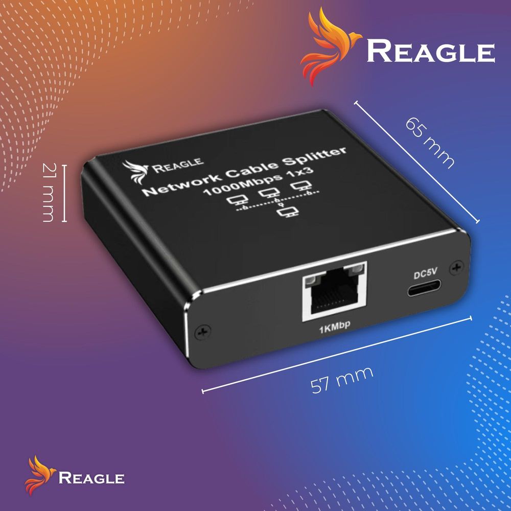 Reagle Premium LAN Splitter Switch 1 auf 3 RJ45 Gigabit Ethernet Netzwerkverteiler 1000Mbps für PC Gaming TV Konsole Aluminium Design USB C Power