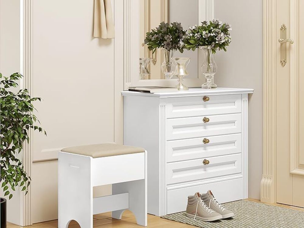 WOLTU Schminkhocker, Sitzhocker Hocker für Schminktisch, Polsterhocker mit Leinenbezug, aus Holz, Schminktischstuhl für Schlafzimmer, 150 kg belastbar, Weiß Beige