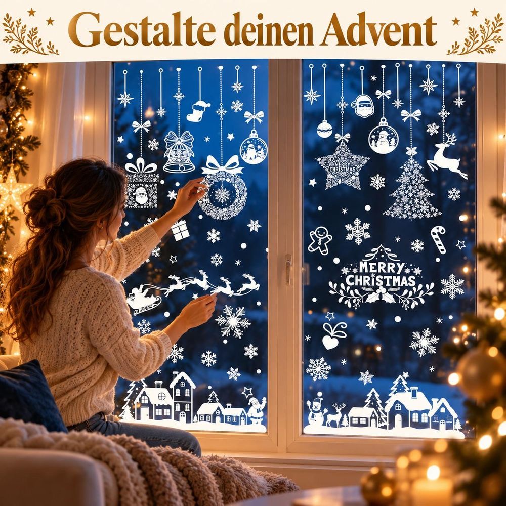 Erwachsene Person gestaltet ein Fenster mit weißen Weihnachtsmotiven