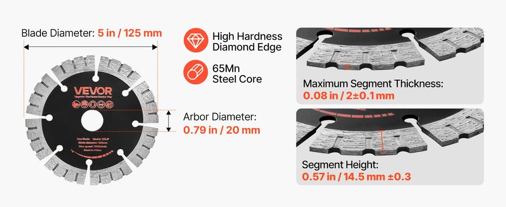 VEVOR 5 Stk. Diamanttrennscheiben 125mm, Diamant-Sägeblätter mit 20mm Bohrung & 14,5mm Segmenthöhe, Max. 7500 U/min Diamantscheiben für Trocken/Nass Schneiden, Trennscheibe für Beton Mauerwerk Stein