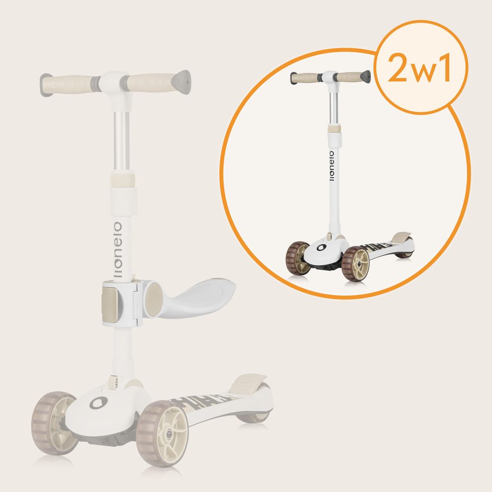 Lionelo Franky 2in1 Kinder Laufrad bis 20 kg Balance Roller bis 50 kg Höhenverstellbar, LED-Räder, rutschfestes Trittbrett, Korb Beige