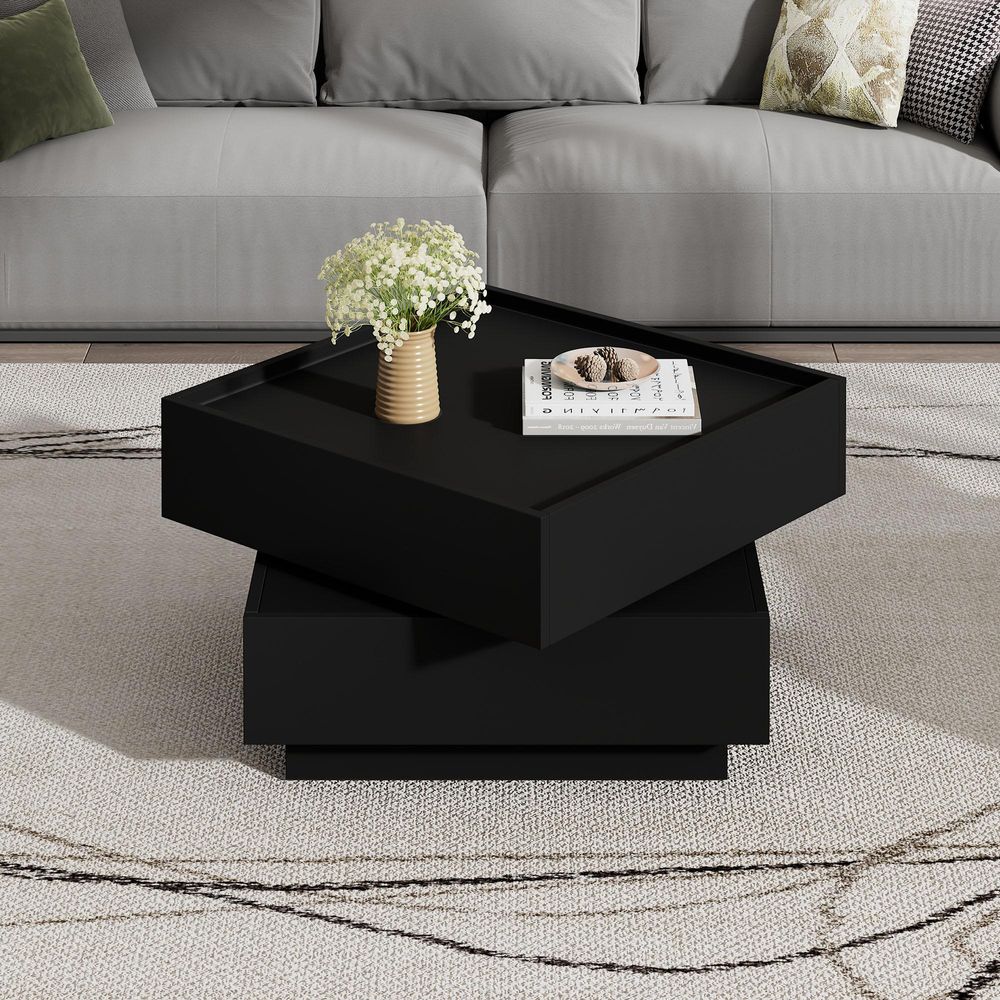 Merax Couchtisch 360° drehbar mit 2 Schubladen, moderne Wohnzimmertisch aus Spanplatte, großer Stauraum und erhöhte Kanten, Schwarz