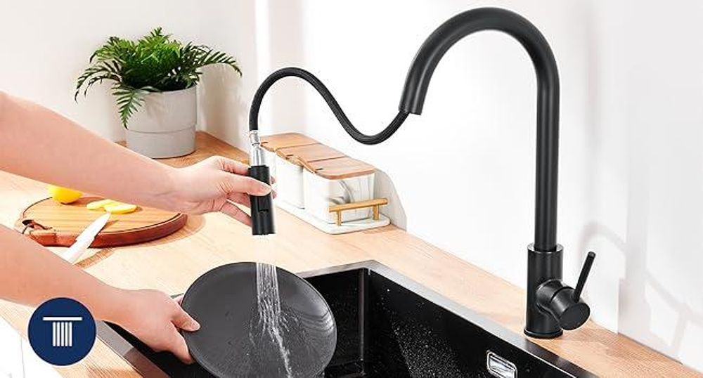 Lonheo Hochdruck Schwarz Küchenarmatur Wasserhahn Küche ausziehbar mit 2 Strahlarten 360° drehbar Spültischarmatur mit Brause