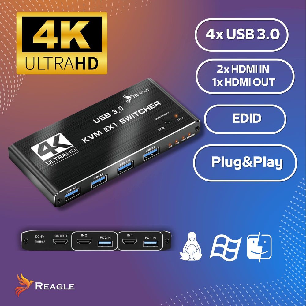 HDMI KVM Switch 2 PC auf 1 Monitor 4K 60Hz 4x USB 3.0 Anschlüsse HDCP 2.2 Umschalter für Tastatur Maus Drucker Laptops Spielekonsolen Aluminium Reagle