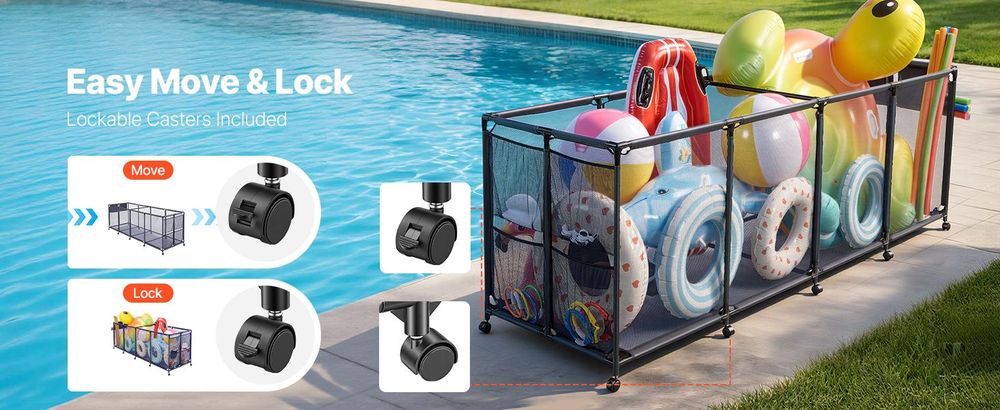 VEVOR Pool Aufbewahrungsbehälter 2620x815x890 mm, Organizer mit Seitentaschen, Metallrahmen, Netzkorb, Aufbewahrungsbox, Organisationskorb, Aufbewahrungskorb, Aufbewahrungswagen für Poolspielzeug