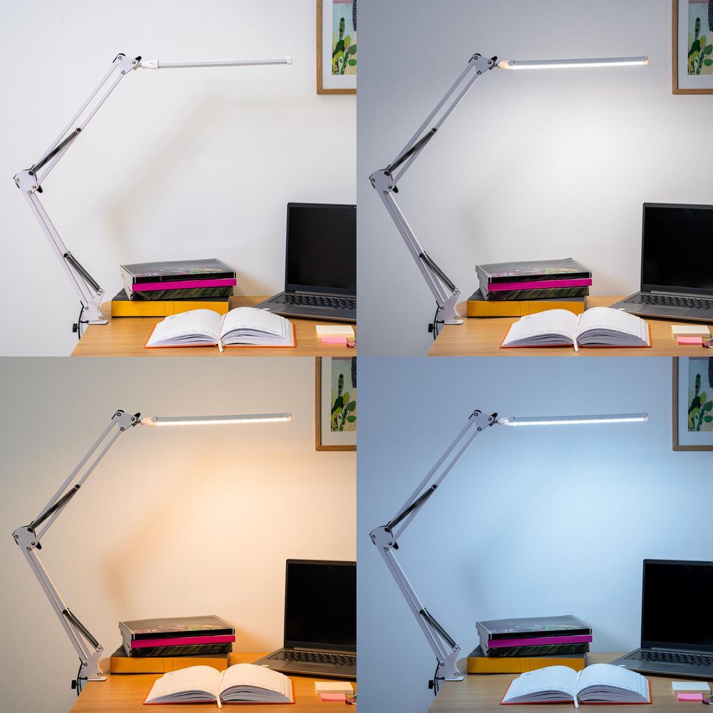 LUMILED LED 8W Schreibtischlampe Schwenkarm Büro Weiß Tischlampe Helligkeit Einstellbarer CCT Farbwechsel USB Verstellbarer Arm Klemme Dimmbar