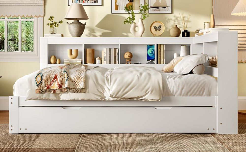 Merax Tagesbett Daybett 140x200 cm, mit Ausziehbett 90 x 190 cm, Steckdose, USB, Regale, Lattenrost, Kiefer Schlafsofa, Doppelbett, Kinderbett, Weiß