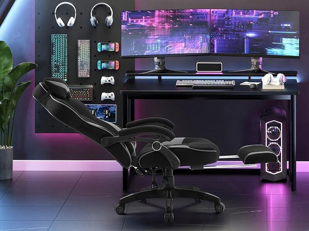 WOLTU Gaming Stuhl Racing Stuhl Bürostuhl Chefsessel mit Kopfstütze und Lendenkissen, Fußstütze, Stoff, Grau, BS83gr