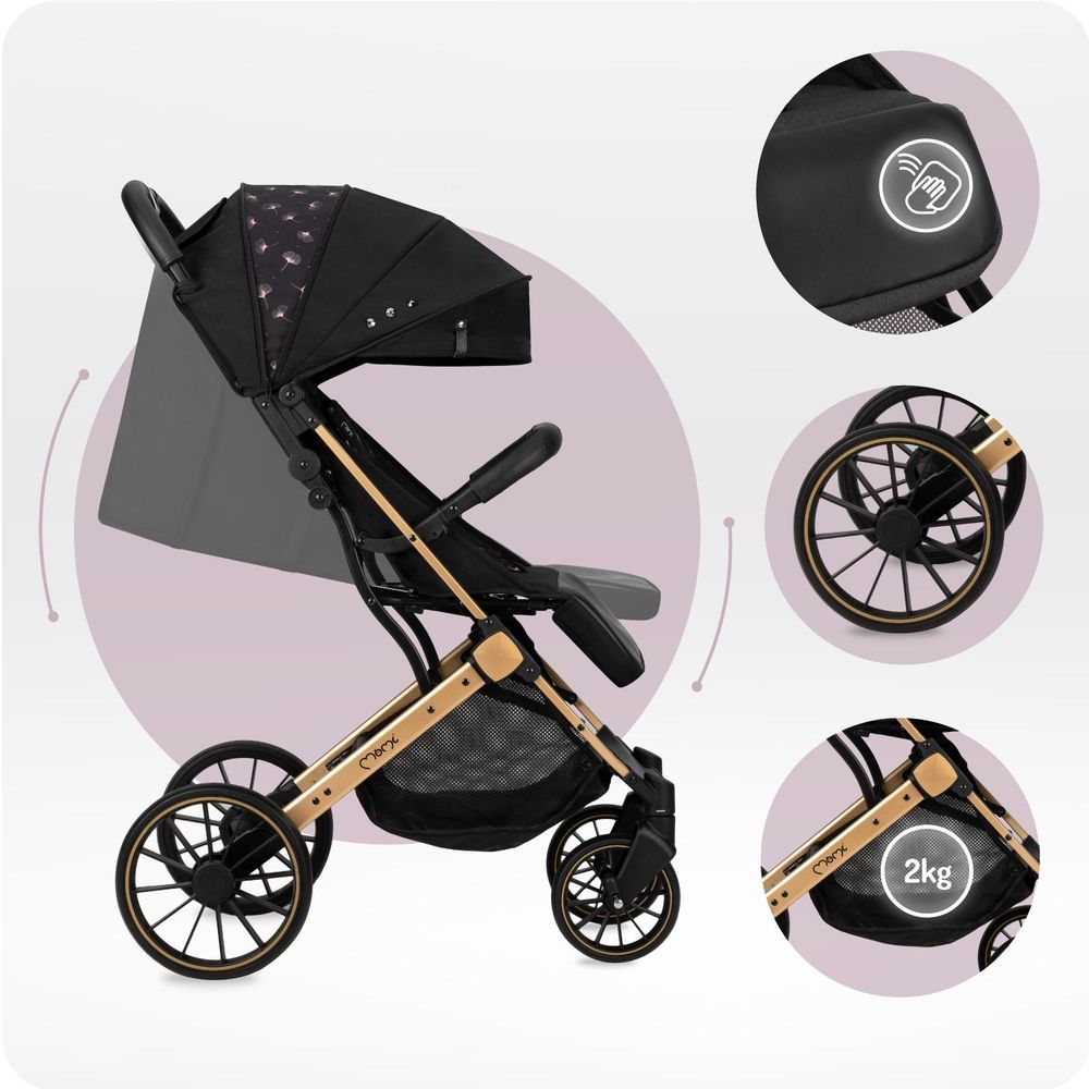 MoMi ESTELLE DAKAR – Ultraleichter Baby Kompaktbuggy mit XL-Rädern, Einhand-Faltung & Trolley-Funktion, inkl. Zubehör, ideal für Reisen – Schwarz/Gold