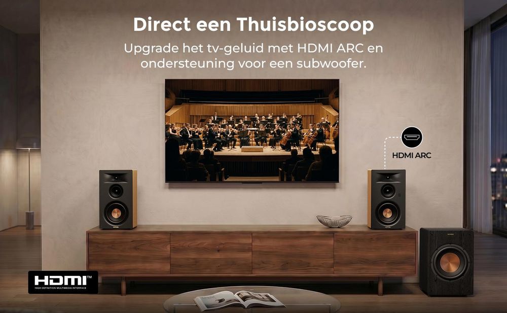 Ultimea Signature BS-30, actieve 3-weg boekenplankspeaker, geschikt voor plaatsing op een boekenplank, met HDMI-aansluiting