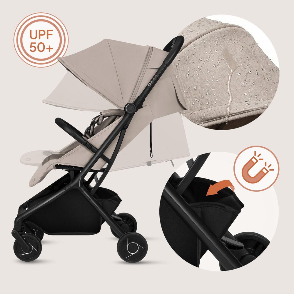 Lionelo Sia Buggy ultraleicht 5,9 kg, kompakt klappbar 18x51x49 cm, Einhand-Faltung, UPF50+, ER-Räder, Dri-Seat, Zubehör-Set - Beige Sand
