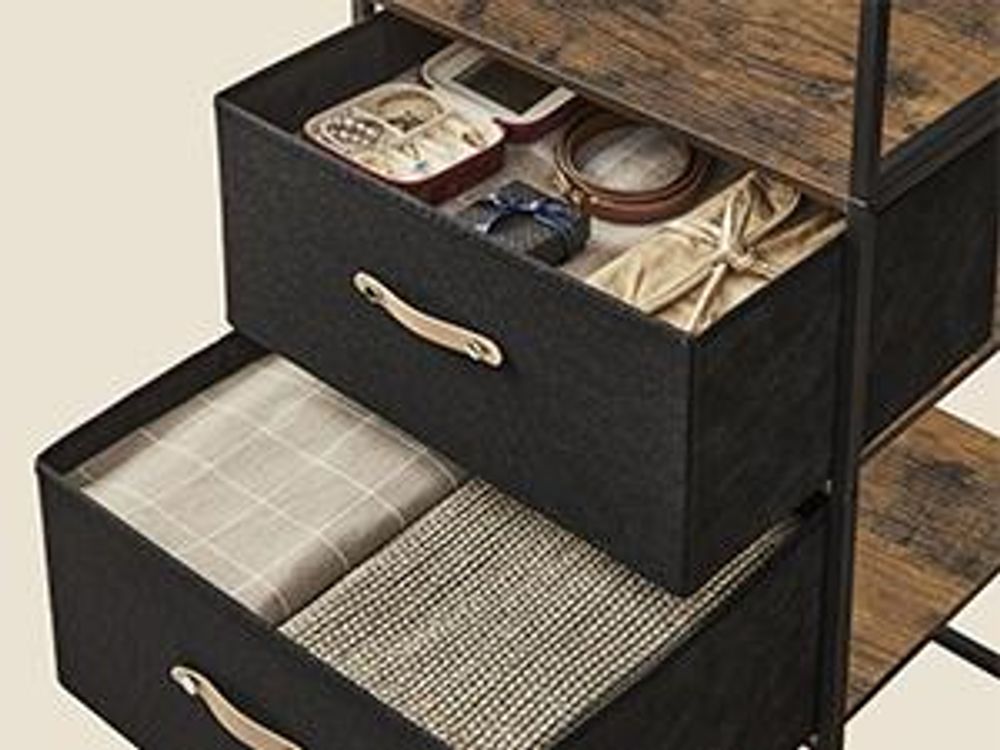 SONGMICS Kleiderständer, mit 1 ausziehbare Stange, 2 Schubladen, 4 Ablagen, hochbelastbar, platzsparend, Vintagebraun