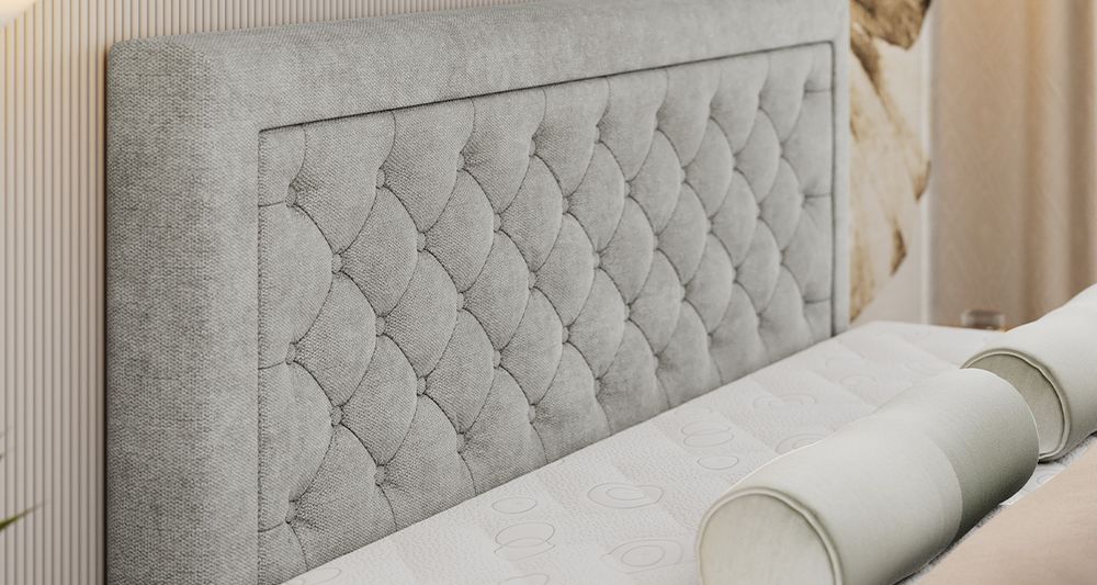 Vergrößern Sie das Kopfteil des Boxspringbettes, das Foto zeigt grau Stoff