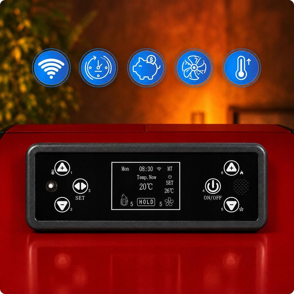 THUNDER® | ARIA RED | Piec na pellet | 12 kW | Zestaw rur przyłączeniowych Ø 80 mm | czerwony
