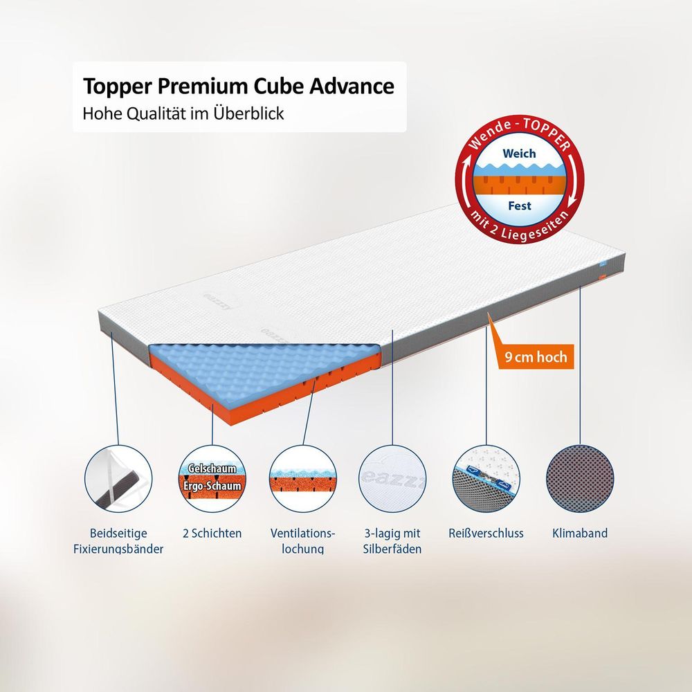 Genius eazzzy Topper Premium Cube Advance 9 cm Höhe, Matratzentopper, 2 in 1 Wende Topper mit Cooling Funktion 200*200 cm