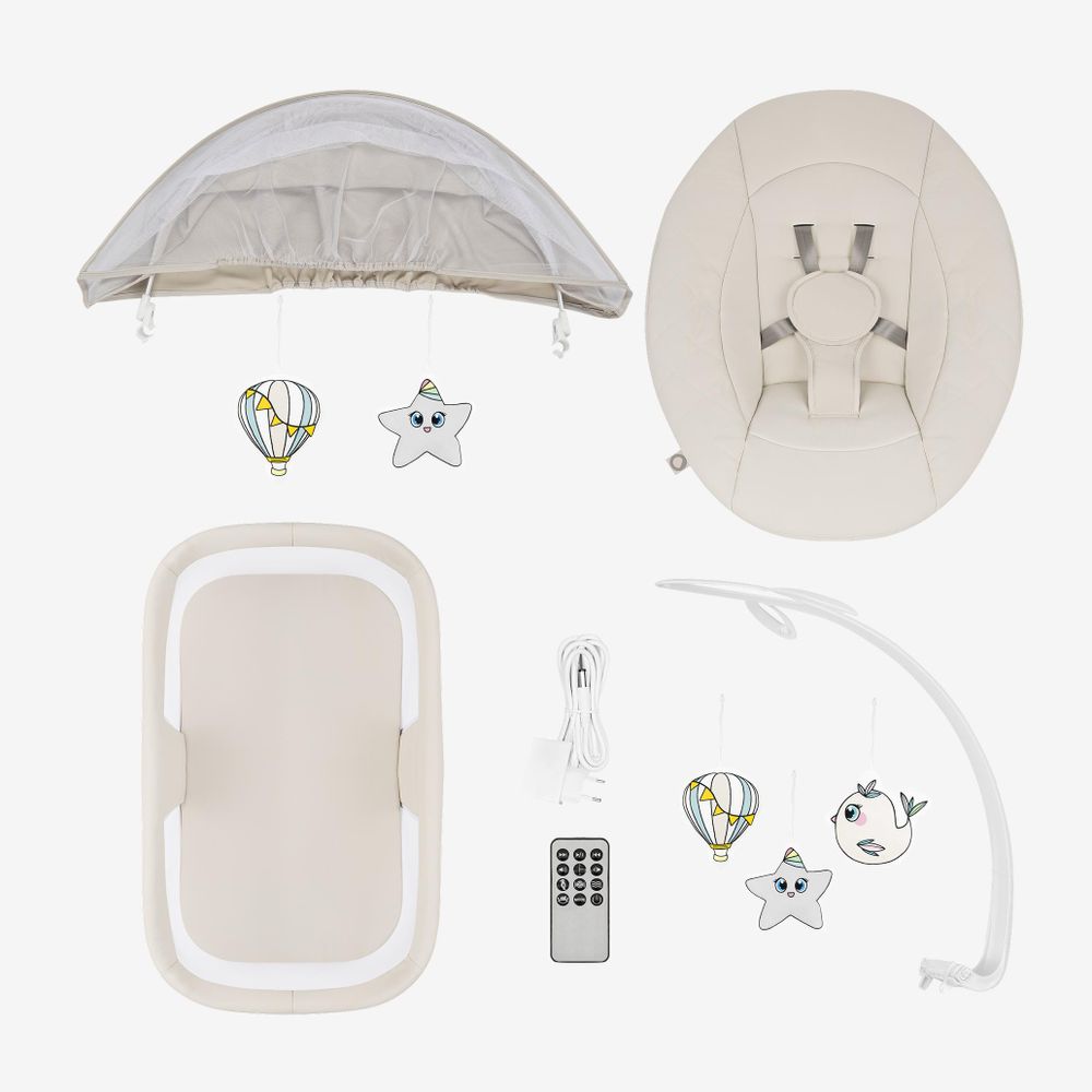 Lionelo Vivi Set: Dondolo elettrico per bambini con vaschetta, funzione culla, Bluetooth, sensore di movimento, telecomando, adatto da 0 a 9 kg